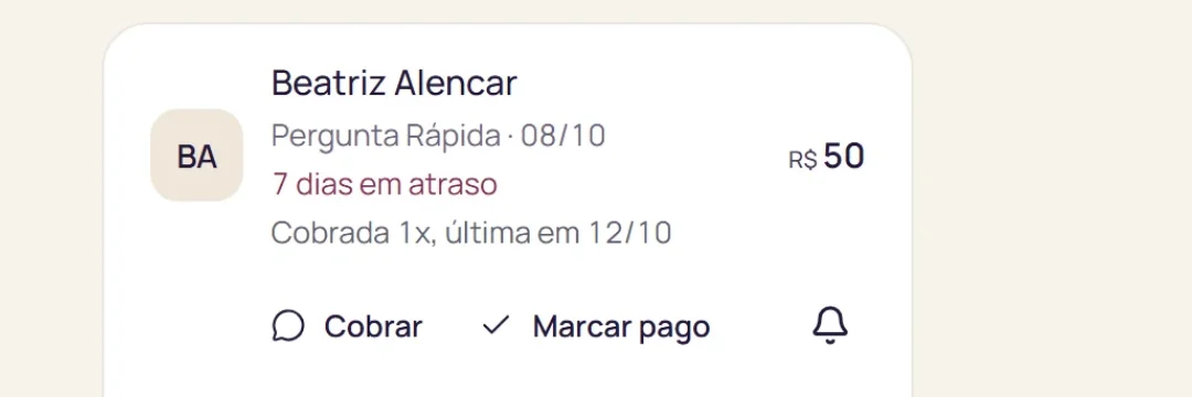 Tela de Cobranças do Mothly: Beatriz Alencar, 7 dias em atraso, R$ 50, com os botões Cobrar e Marcar pago
