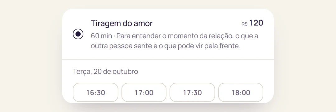 Página de agendamento de exemplo: a consulta Tiragem do amor, de R$ 120, escolhida e os horários livres do dia